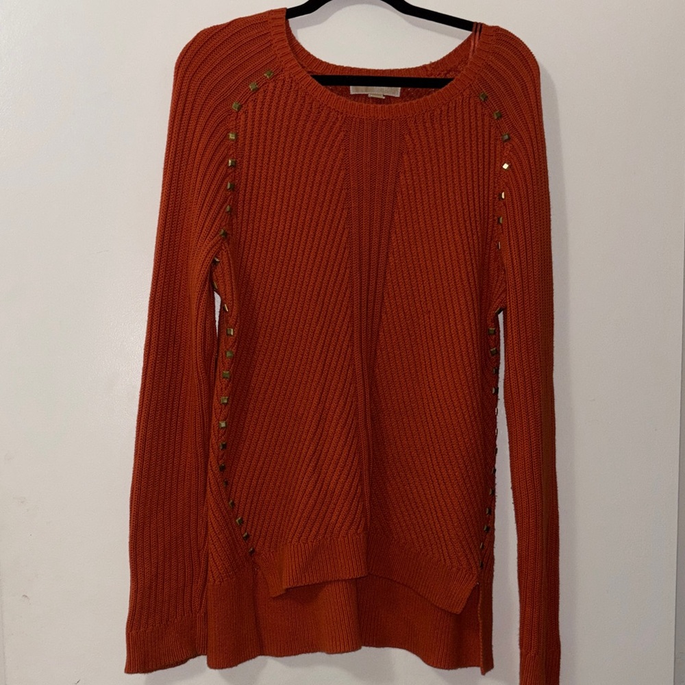 Michael Kors Deep Orange Stud-Trim Ribbed Crewneck Sweater